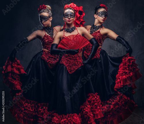 Flamenco spanish seductive dancers wearing traditional costume. photo