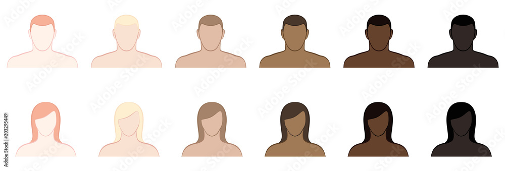 Complexion. Different skin tones and hair colors of men and women. Very  fair, fair, medium, olive, brown and black. Isolated vector illustration on  white background. Stock Vector | Adobe Stock