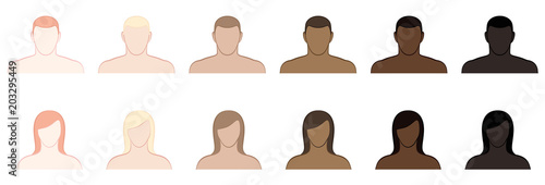 Complexion. Different skin tones and hair colors of men and women. Very fair, fair, medium, olive, brown and black. Isolated vector illustration on white background.