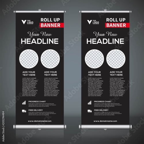 Roll up banner design template, vertical, abstract background, pull up design, modern x-banner, rectangle size. 