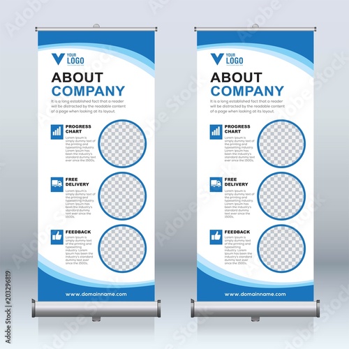 Roll up banner design template, vertical, abstract background, pull up design, modern x-banner, rectangle size. 