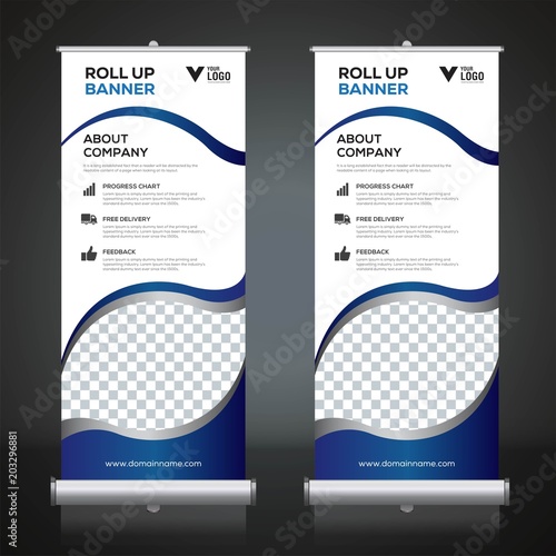 Roll up banner design template, vertical, abstract background, pull up design, modern x-banner, rectangle size. 
