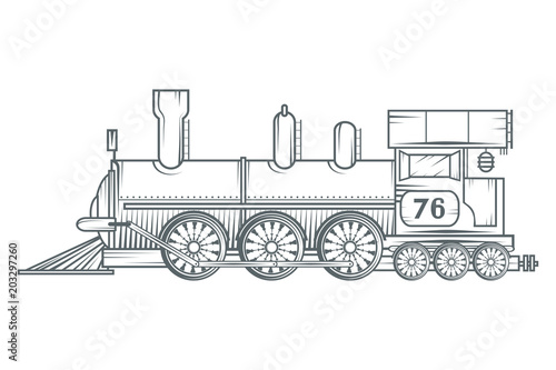 Old train logo. Locomotive drawing. Steam transport. Vector graphics to design.