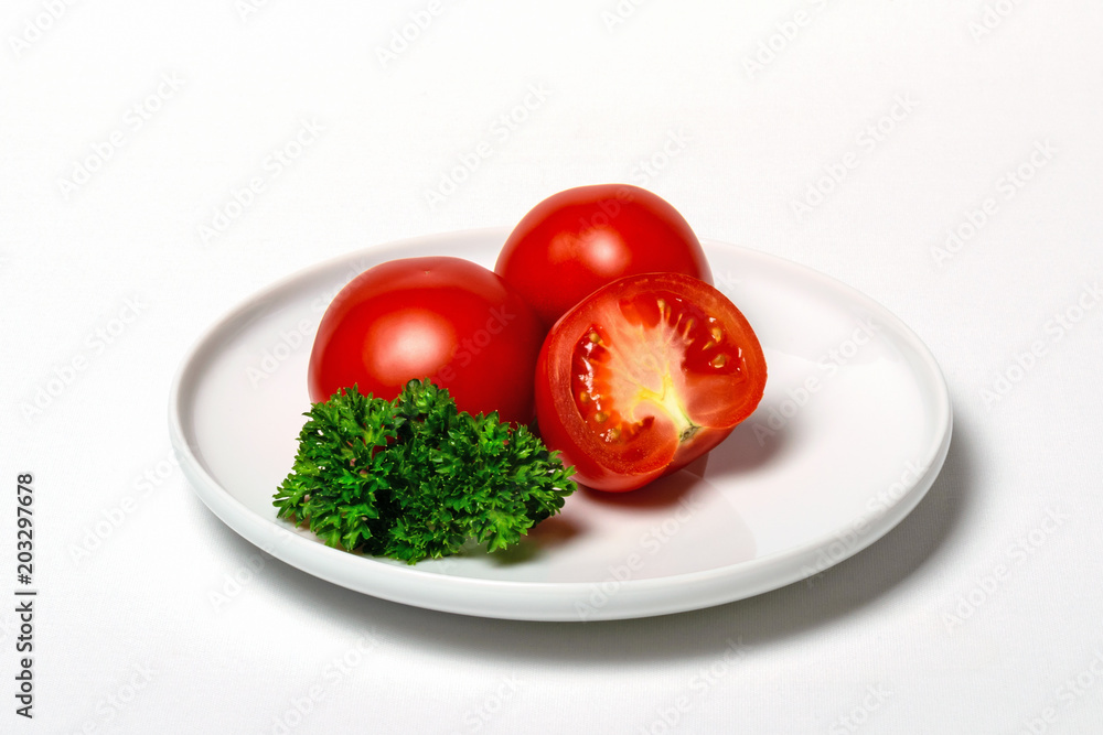 Tomato with Parsley on Plate with White Background