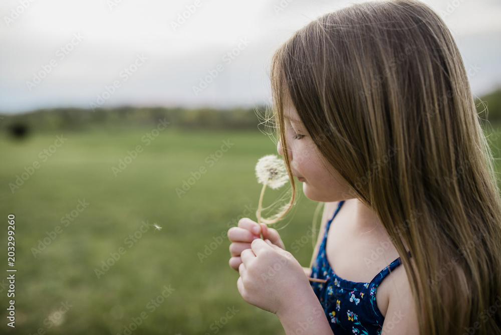 Side view of girl with dandelion flower on grassy field Side view of girl with dandelion flower on grassy field