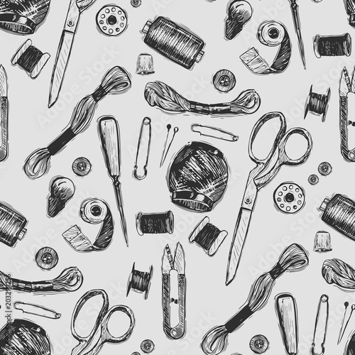 Hand drawn sewing tools seamless pattern. Spool of thread, needle, measuring tape, buttons, thimble, pincushion with colorful pins.