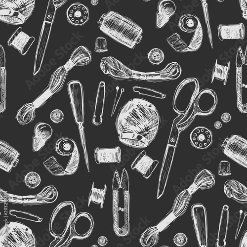 Hand drawn sewing tools seamless pattern. Spool of thread, needle, measuring tape, buttons, thimble, pincushion with colorful pins.