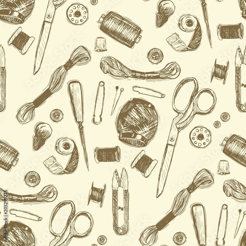 Hand drawn sewing tools seamless pattern. Spool of thread, needle, measuring tape, buttons, thimble, pincushion with colorful pins.