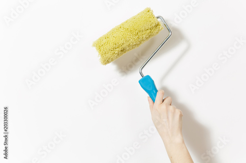 Close up of female hand holds paint roller for wall painting isolated on white background. Instruments  tools for renovation apartment room. Repair home concept. Copy space for advertisement.