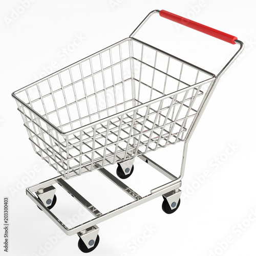 3d rendering shopping cart for purchasing chrome products on white background isolated