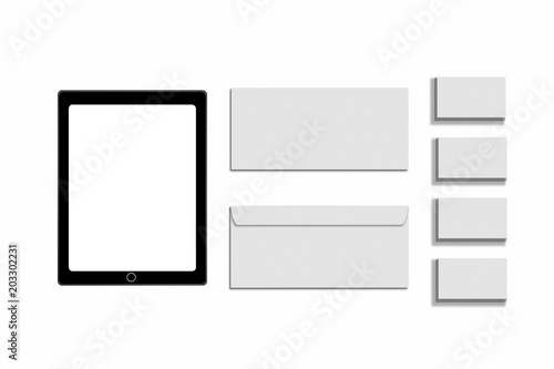 Black white and gray color mock-up of stationery, a template for brand identification on a white background. Envelopes, sheets of paper