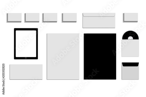 Black white and gray color mock-up of stationery, a template for brand identification on a white background. Envelopes, sheets of paper