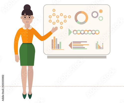 Confident woman in glasses is showing presentation with diagrams on board. Flat style business vector illustration. Isolated on white background