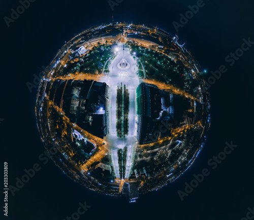 Sphere Planet Night houses in Riga city Origo, 360 VR Drone picture for Virtual reality, Panorama