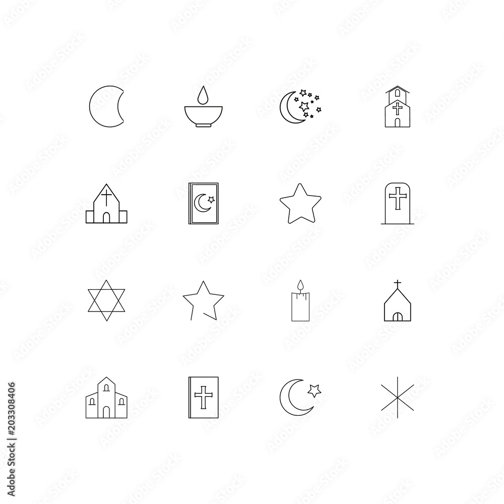 Religion linear thin icons set. Outlined simple vector icons Religion linear thin icons set. Outlined simple vector icons