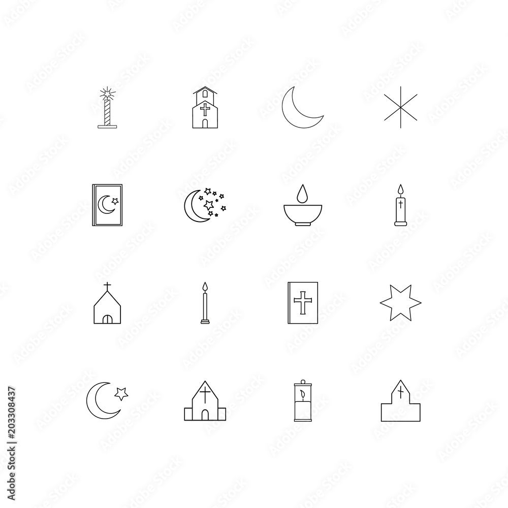Religion linear thin icons set. Outlined simple vector icons Religion linear thin icons set. Outlined simple vector icons