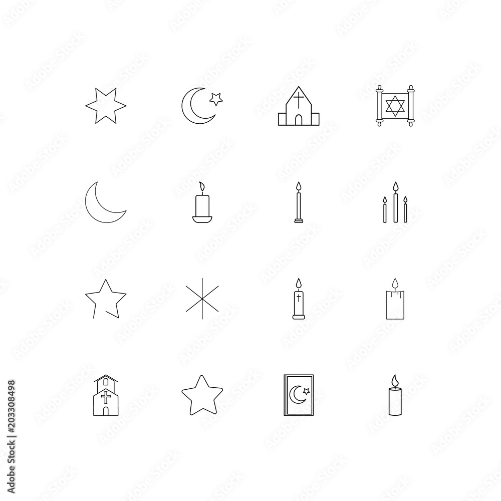 Religion linear thin icons set. Outlined simple vector icons Religion linear thin icons set. Outlined simple vector icons