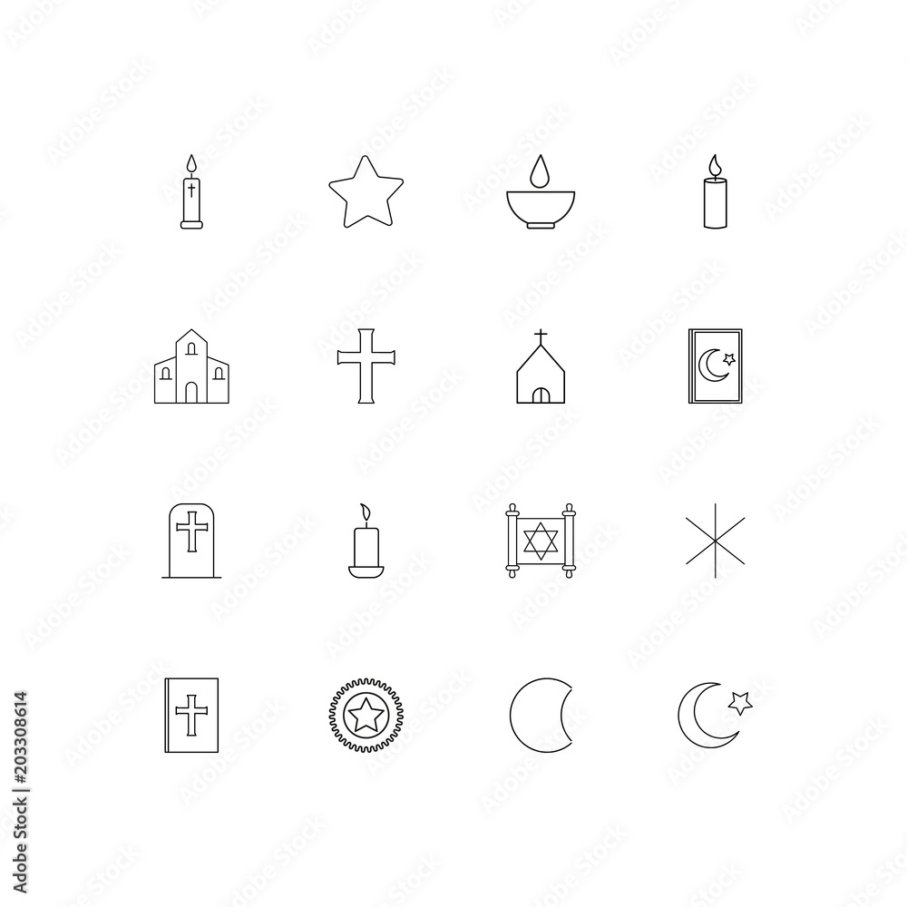 Religion linear thin icons set. Outlined simple vector icons Religion linear thin icons set. Outlined simple vector icons