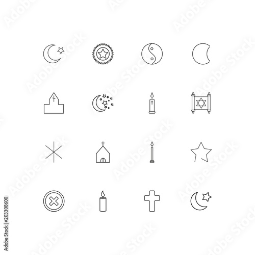 Religion linear thin icons set. Outlined simple vector icons