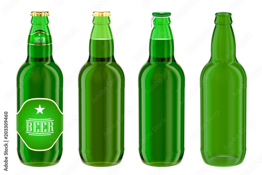 Beer bottles with label, full and empty. 3D rendering Beer bottles with label, full and empty. 3D rendering