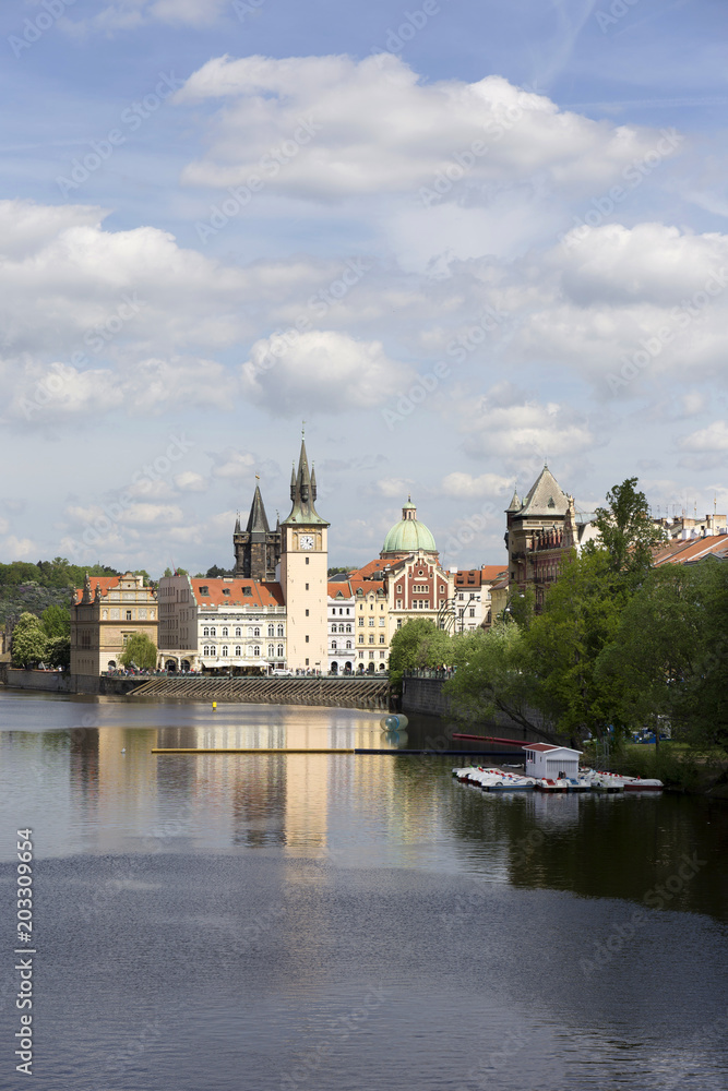 View on the spring Prague City above River Vltava, Czech Republic