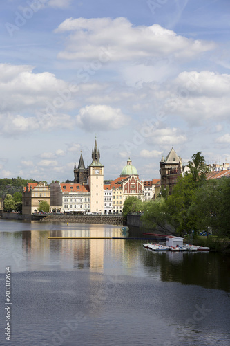 View on the spring Prague City above River Vltava, Czech Republic