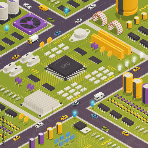 Semiconductor Electronic Components Isometric Composition 