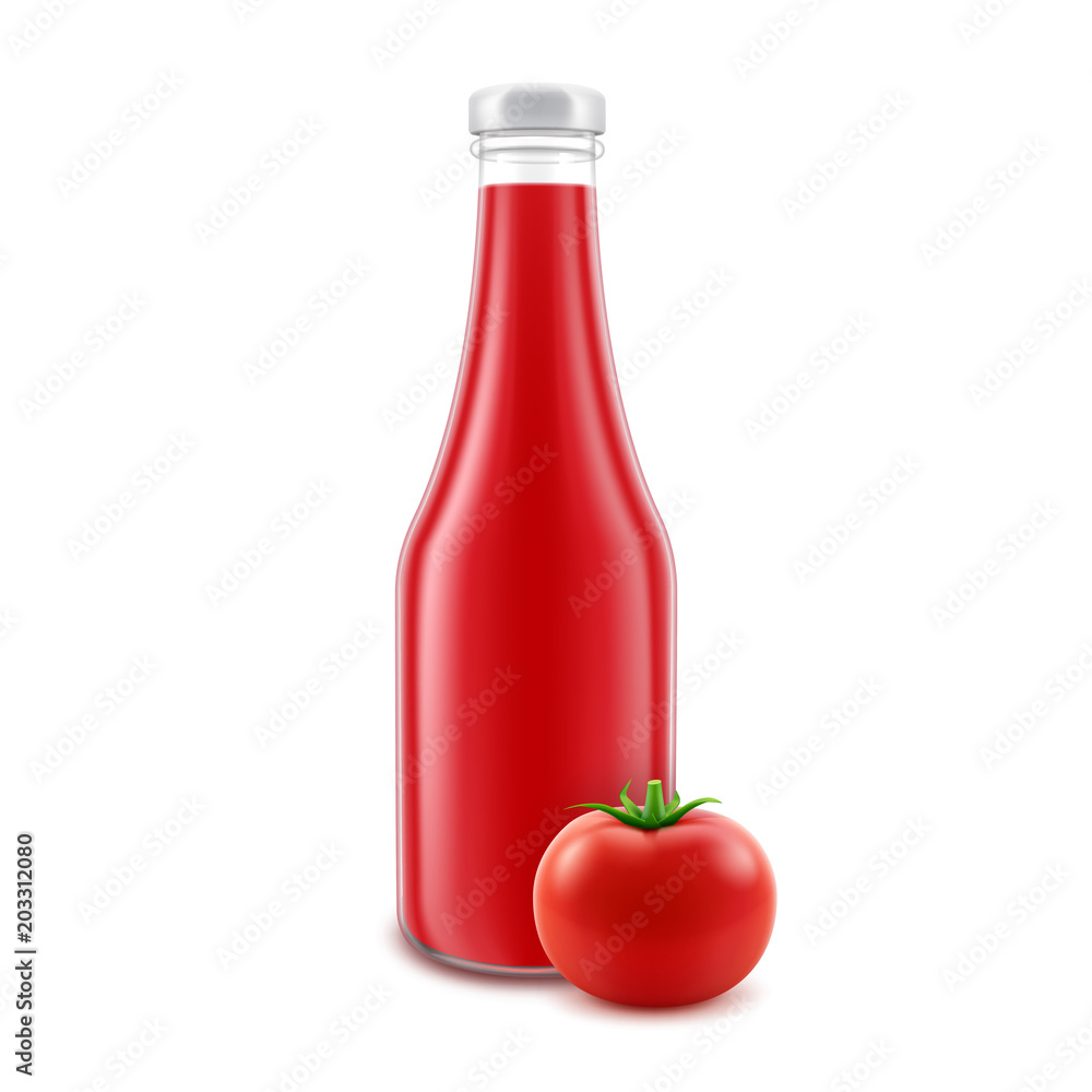 Vector Blank Glass Red Tomato Ketchup Bottle for Branding without label and Fresh Tomato Isolated on White Background Vector Blank Glass Red Tomato Ketchup Bottle for Branding without label and Fresh Tomato Isolated on White Background
