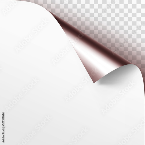 Vector Vinous Curled Glossy Foil Corner of White Paper with Shadow Mock up Close up Isolated on Transparent Background
