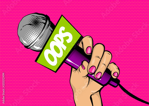 OOPS news comic text speech bubble. Woman pop art style fashion. Girl hand hold microphone cartoon vector illustration. Retro poster comimc book performance. Entertainment halftone background.