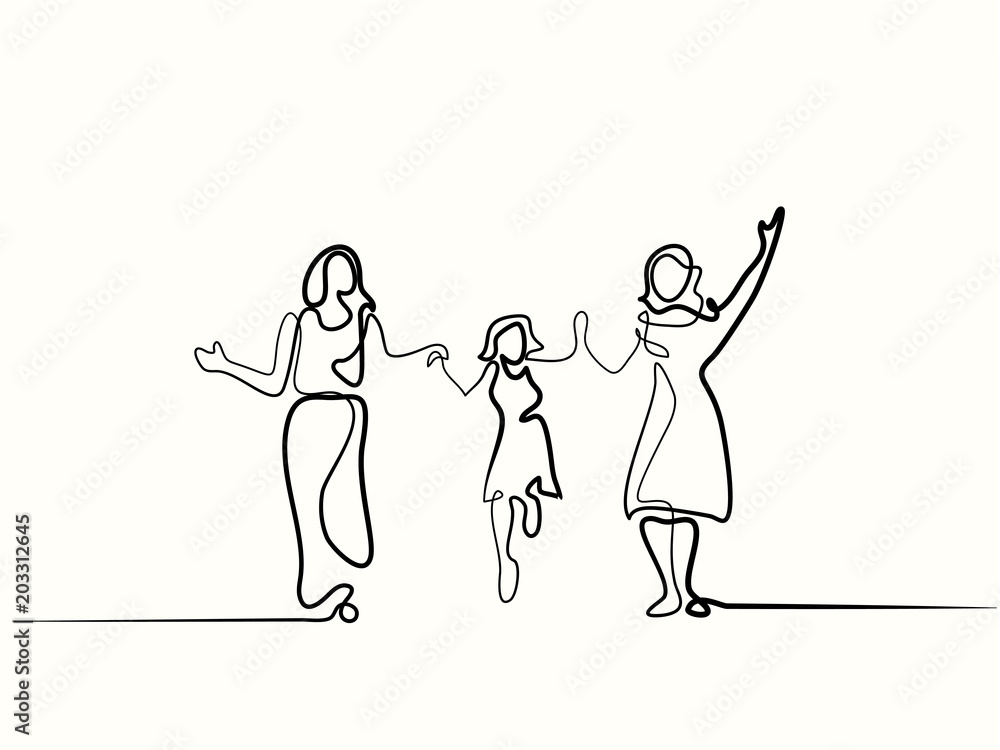 Continuous line drawing. Family with mother, grandmother and girl walking. Vector illustration. Concept for logo, card, banner, poster, flyer Continuous line drawing. Family with mother, grandmother and girl walking. Vector illustration. Concept for logo, card, banner, poster, flyer