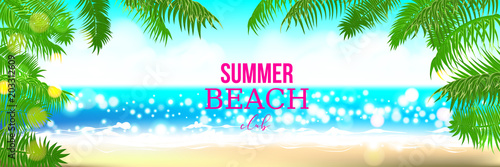 Beach club horizontal summer time palm tree banner. Palm leaf seashore sand. Ocean poster sunny tropical vector illustration. Hawaii landscape paradise. Colored party invitation.