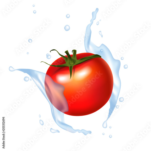 Juice water red tomato splashing. Realistic  3d juicy tomatoes splash packaging template.