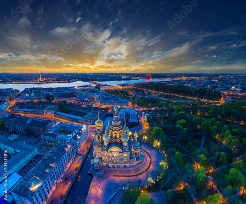Panorama of Saint-Petersburg. Architecture of Petersburg. View of the Field of Mars and the Church of the Savior on Blood. Panorama of the city of Russia. Summer evening in St. Petersburg.  © Grispb