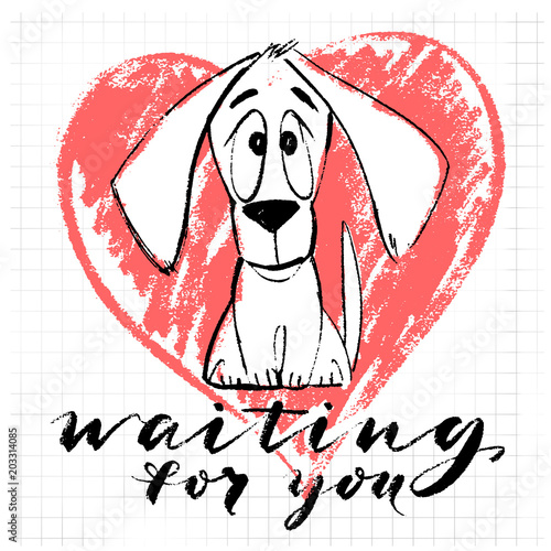 Puppy character in vector. Funny cartoon small pet on heart drawn background. Vector illustration. Cute doggy sitting with waiting for you words.