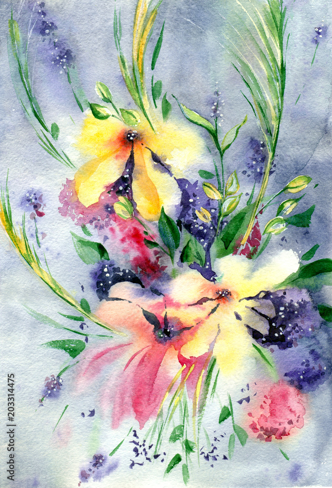 Obraz Malarstwo akwarelowe. Naturalne tło. Kolorowe, jasne kwiaty.