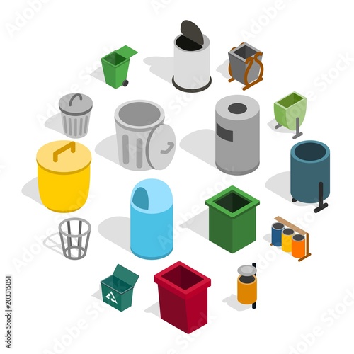 Trash bin icons set in isometric 3d style isolated on white background. Vector illustration