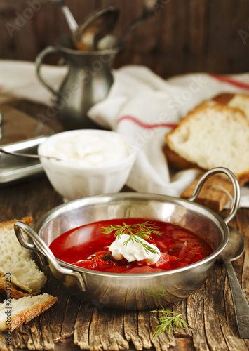 Traditional Russian borsch in the bowl.