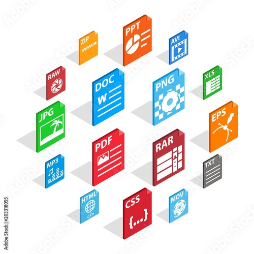 File Type Icons set in isometric 3d style isolated vector illustration