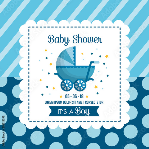 baby shower celebration background bubbles stripes blue babe carriage happy day vector illustration