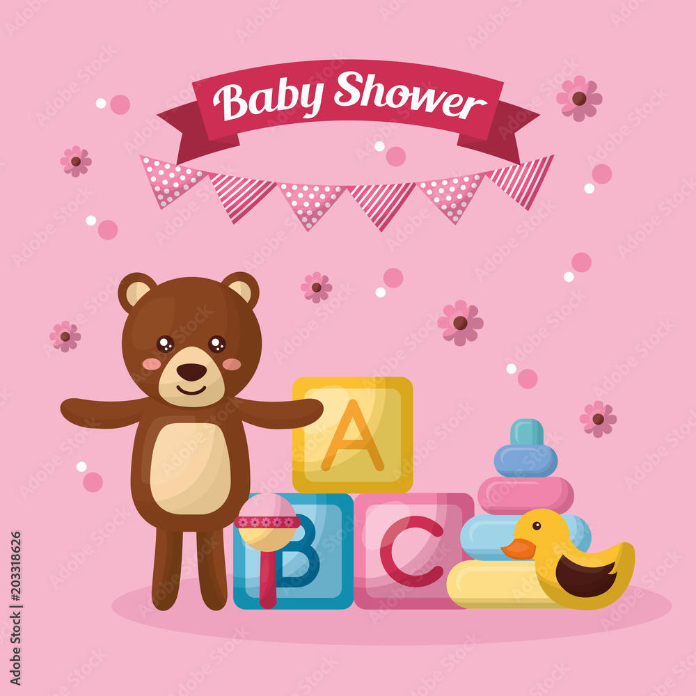 baby shower celebration cute bear open arms pink pennant cubes duck girl born vector illustration baby shower celebration cute bear open arms pink pennant cubes duck girl born vector illustration