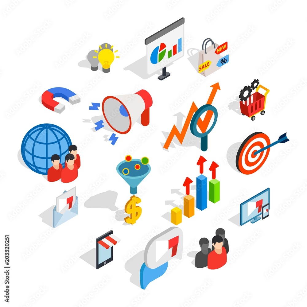 Fototapeta premium Marketing icons in isometric 3d style. Media set collection isolated vector illustration