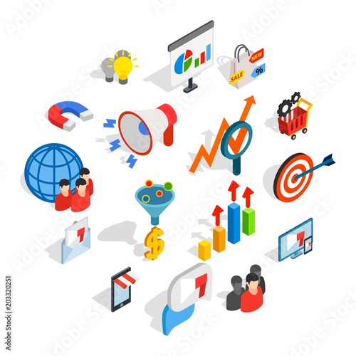 Marketing icons in isometric 3d style. Media set collection isolated vector illustration