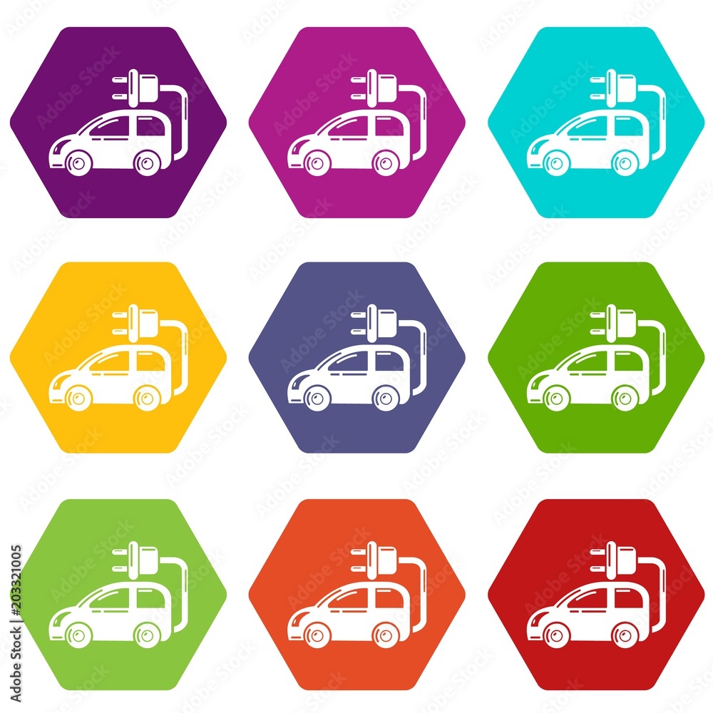 Electric car icons 9 set coloful isolated on white for web Electric car icons 9 set coloful isolated on white for web