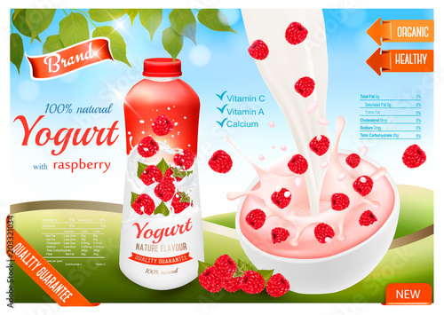 Fruit yogurt with berries advert concept. Yogurt flowing into a cup with fresh raspberry. Design template. Vector.