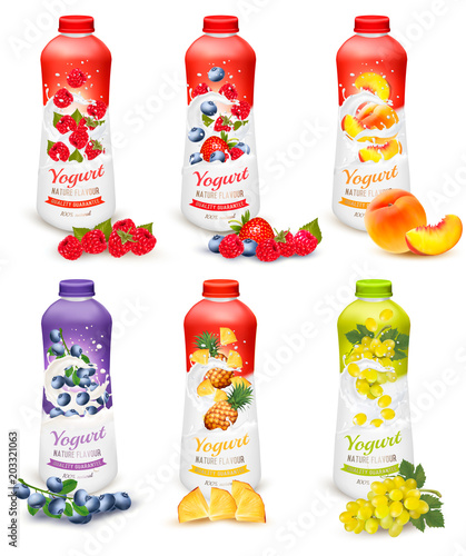 Set of yogurt in bottles with fruit and berries. Design template. Vector