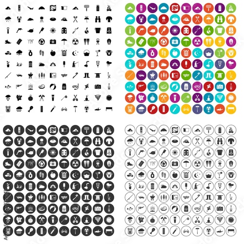100 tourist camp icons set vector in 4 variant for any web design isolated on white