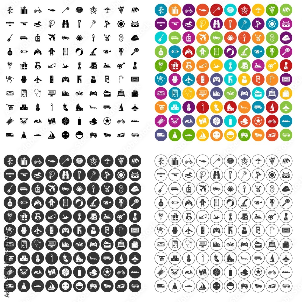 100 toys for kids icons set vector in 4 variant for any web design isolated on white