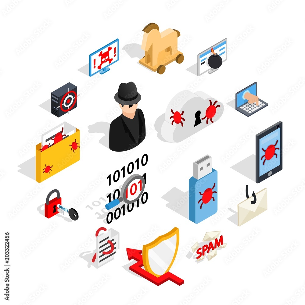 Isometric 3d hacking icons set. Universal hacking icons to use for web ...