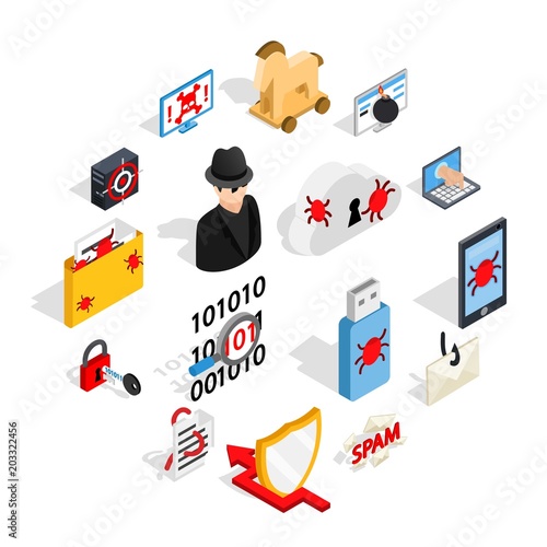 Isometric 3d hacking icons set. Universal hacking icons to use for web and mobile UI, set of basic hacking elements isolated vector illustration